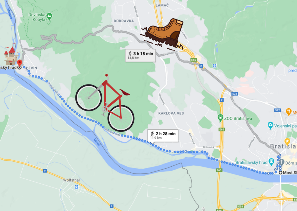 Map showing hiking and cycling routes from Bratislava to Devín Castle