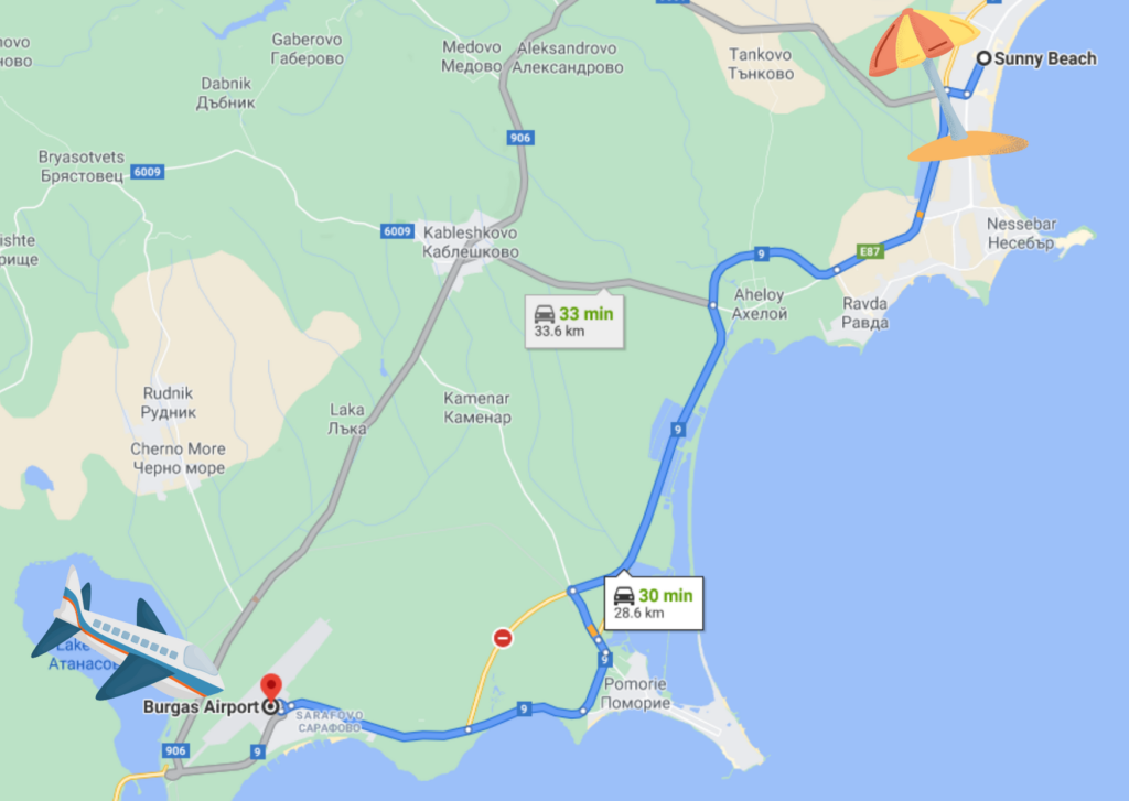 Map showing the driving route from Burgas Airport to Sunny Beach in Bulgaria