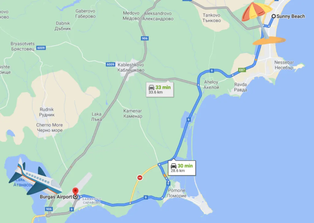 Map showing the driving route from Burgas Airport to Sunny Beach in Bulgaria