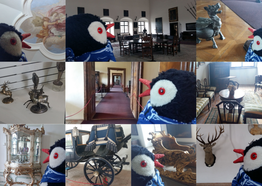 A plush bird toy explores various rooms and exhibits inside Red Stone Castle