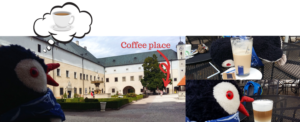 Collage of Red Stone Castle and the plush penguin toy Miško enjoying coffee
