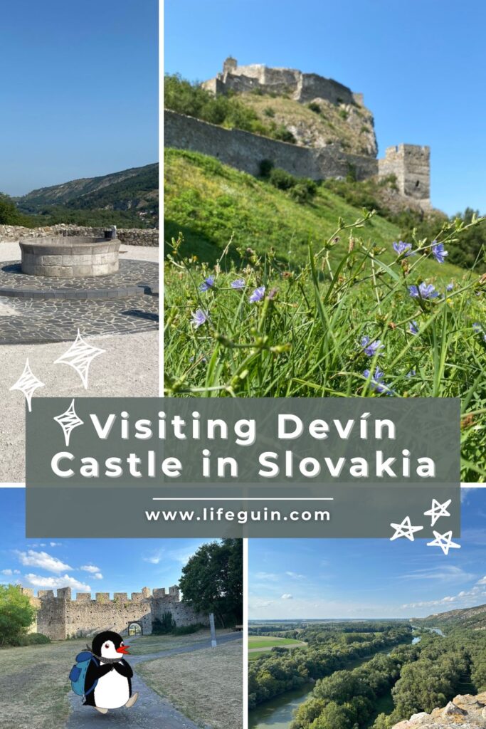 Pin graphic for Visiting Devín Castle in Slovakia featuring a cartoon penguin mascot