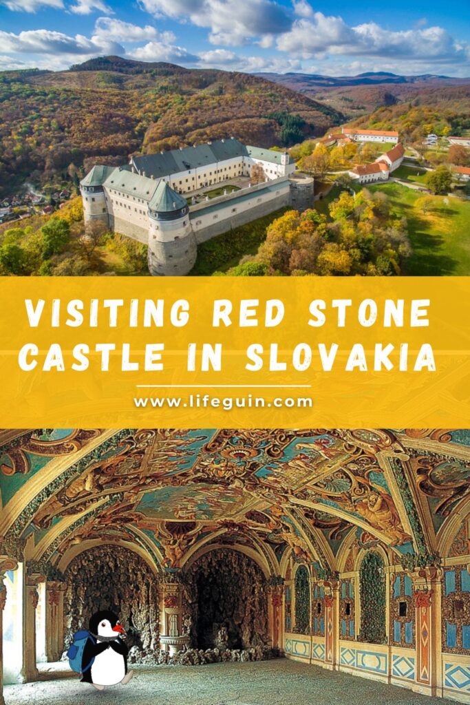Miško the penguin mascot on a Pinterest graphic for Red Stone Castle in Slovakia