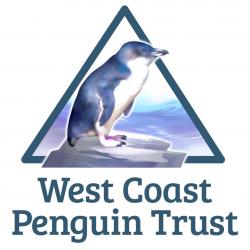 Logo of the West Coast Penguin Trust featuring a blue penguin inside a triangle