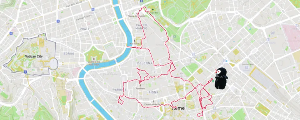 Rome map showing a red route line and the penguin mascot Miško