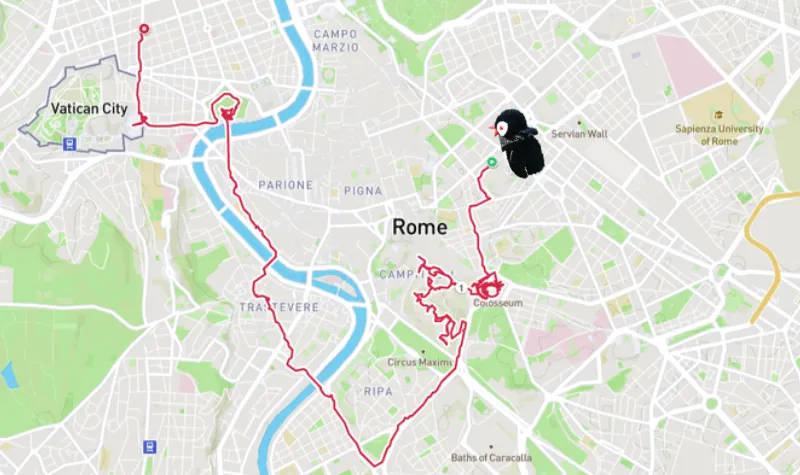 A map of Rome for first time visitors featuring the plush penguin mascot Miško