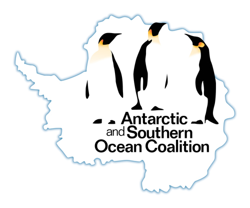Logo of the Antarctic and Southern Ocean Coalition featuring three penguins on an Antarctica map