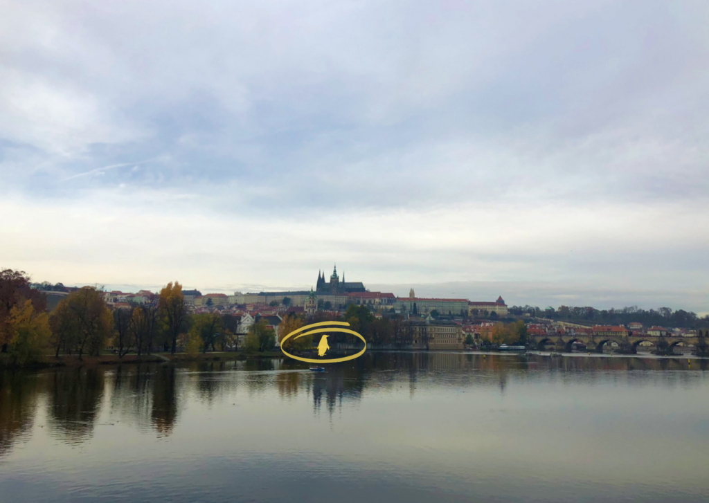 A yellow circle highlights a penguin sculpture overlooking the Vltava River in Prague