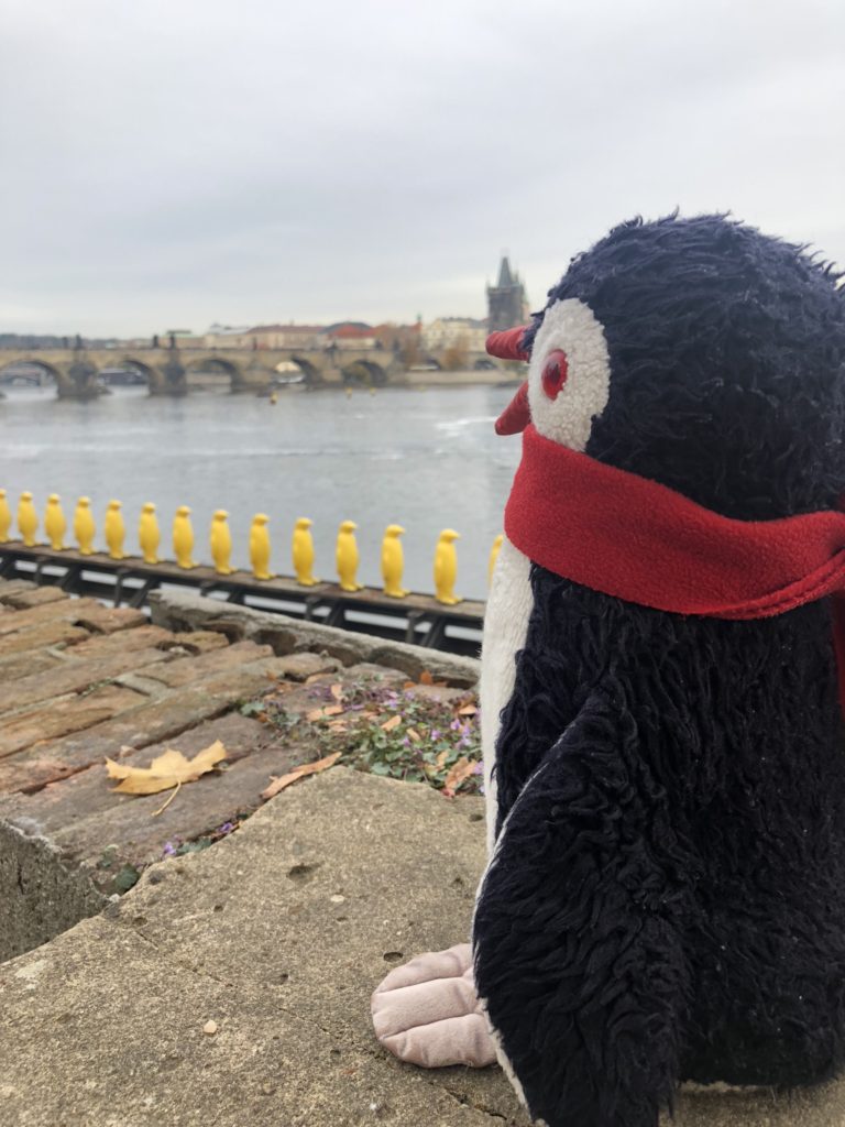 Plush penguin looks toward yellow penguin statues in Kampa Park, Prague