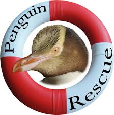 Head of a real penguin inside a lifebuoy with the text Penguin Rescue