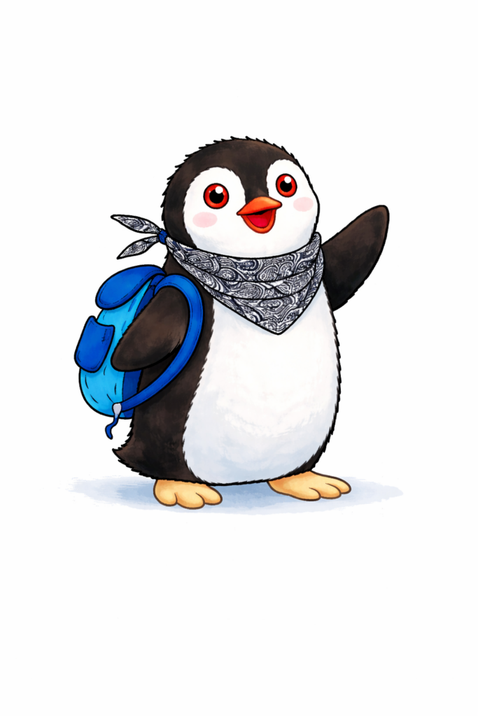 Cute cartoon penguin wearing a bandana and blue backpack waving hello
