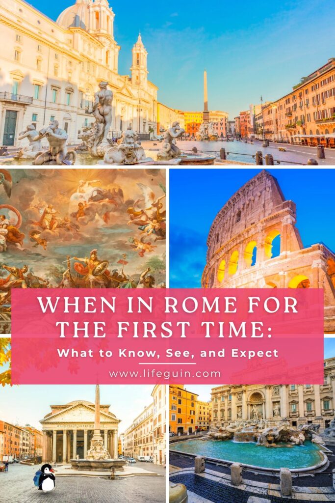 Collage of iconic Rome landmarks including the Colosseum, Pantheon, Trevi Fountain, and Piazza Navona