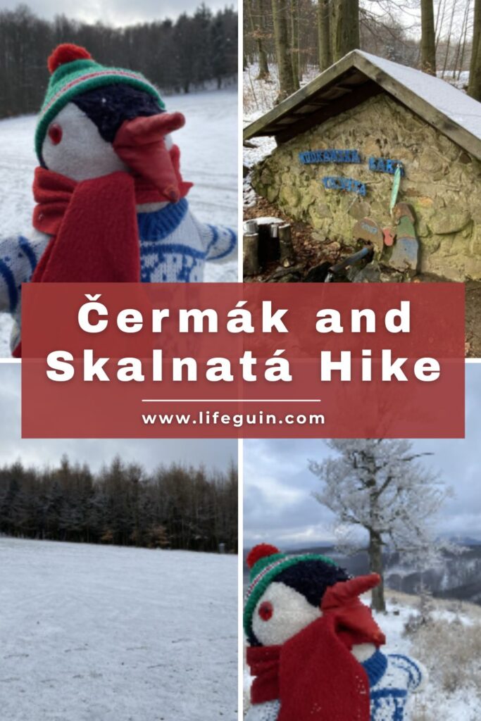 Four-photo collage featuring plush penguin Miško on the Čermák and Skalnatá Hike