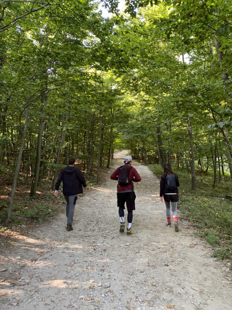 Three people walk along a dirt path through a lush green forest