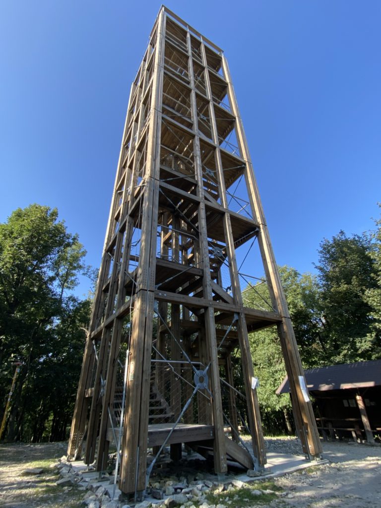 Tall wooden Great Homola Lookout Tower stands against a clear blue sky