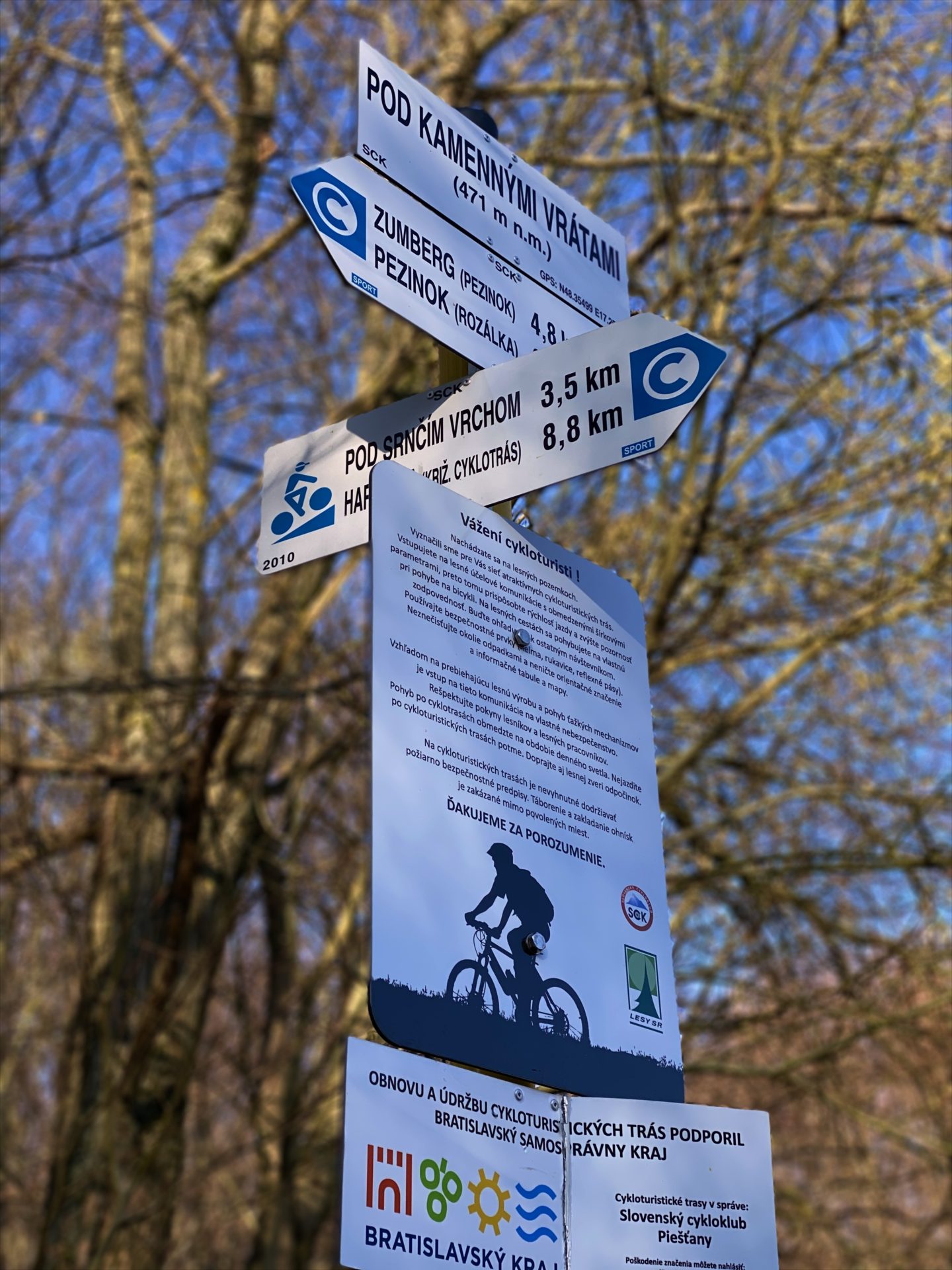 Directional signs for cyclists in the Little Carpathians forest