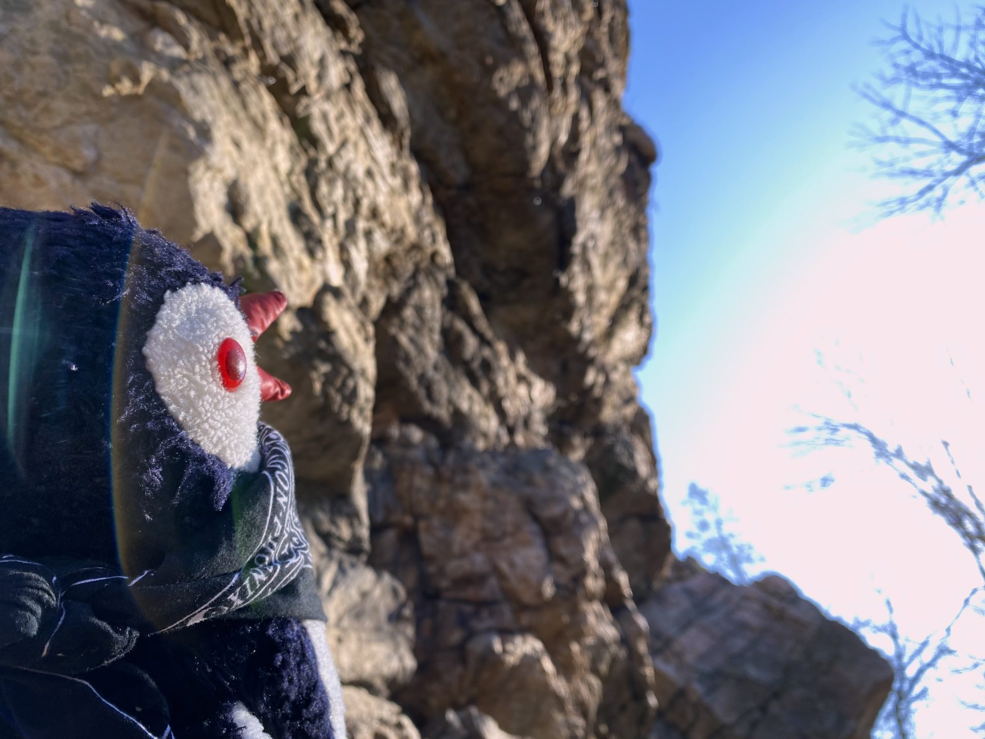 A plush toy looks up at a rocky cliff in the Little Carpathians
