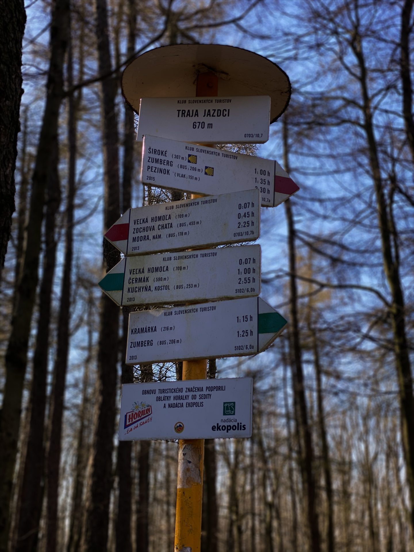 Hiking trail signs point the way through the Little Carpathians in Slovakia