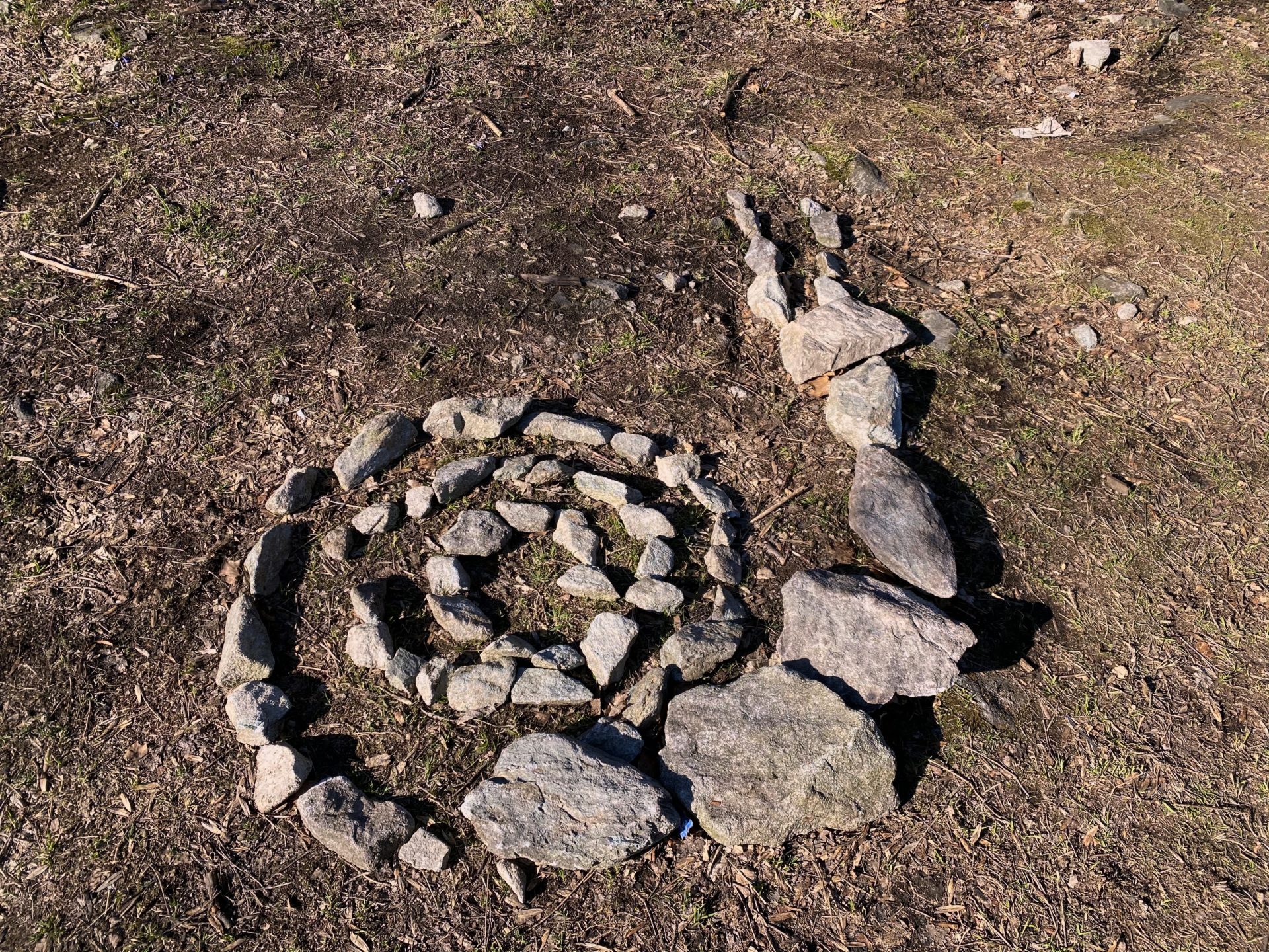 Rocks arranged to look like a snail on the forest floor in the Little Carpathians