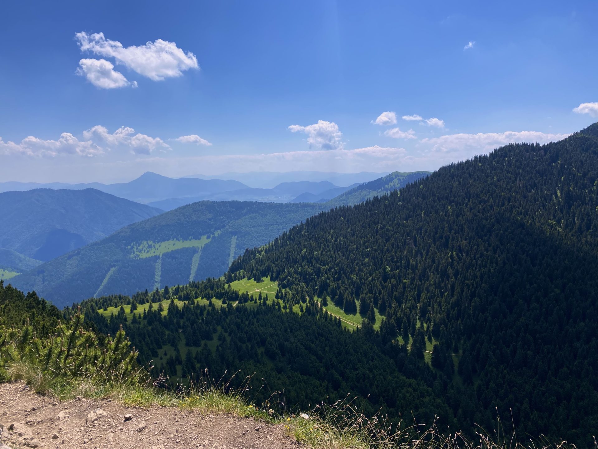 View of forested mountain slopes and distant peaks from Malý Rozsutec