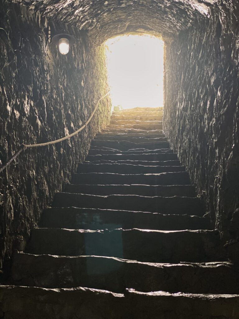 Stone stairs lead up through a dark tunnel toward bright daylight at Stará Ľubovňa Castle