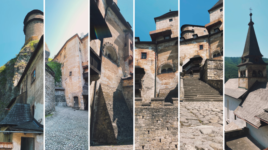 Collage of stone castle walls, towers, and cobblestone paths under a clear sky