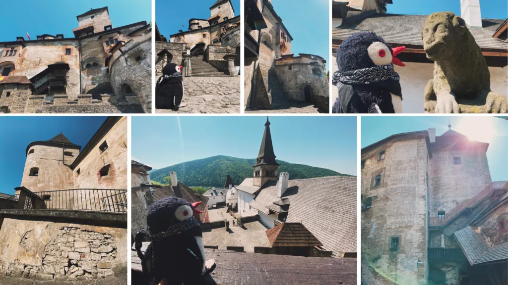 Collage of a plush penguin exploring the stone walls and courtyards of a castle