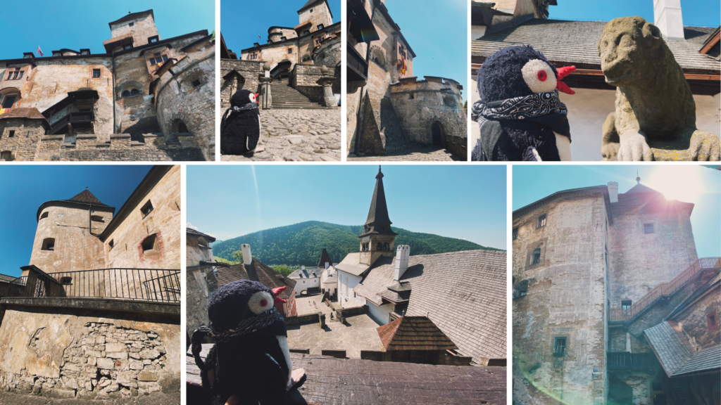 Collage of a plush penguin exploring the stone walls and courtyards of a castle
