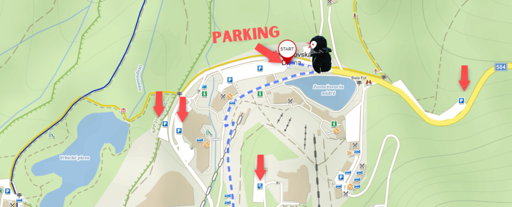 Hiking map of the Low Tatras featuring parking locations and Miško the penguin
