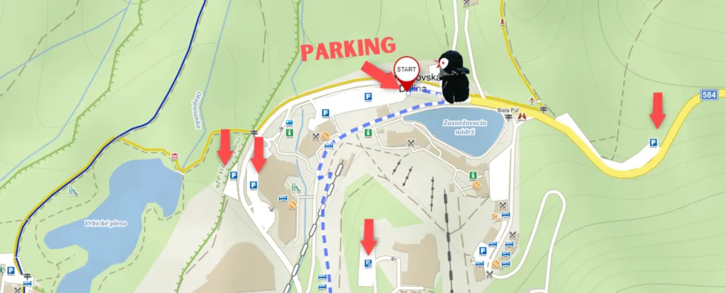 Hiking map of the Low Tatras featuring parking locations and Miško the penguin