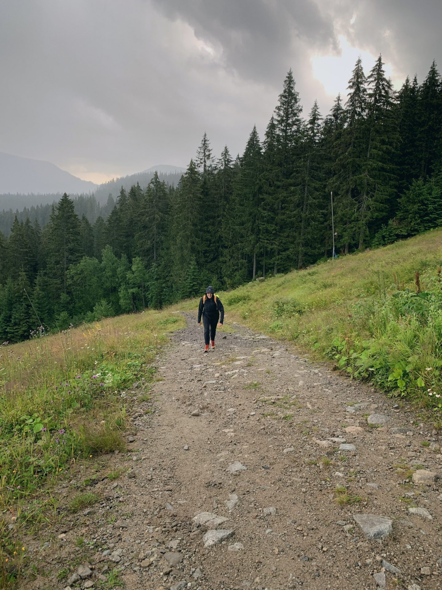 Hiker walking up a rocky trail in the Low Tatras mountains