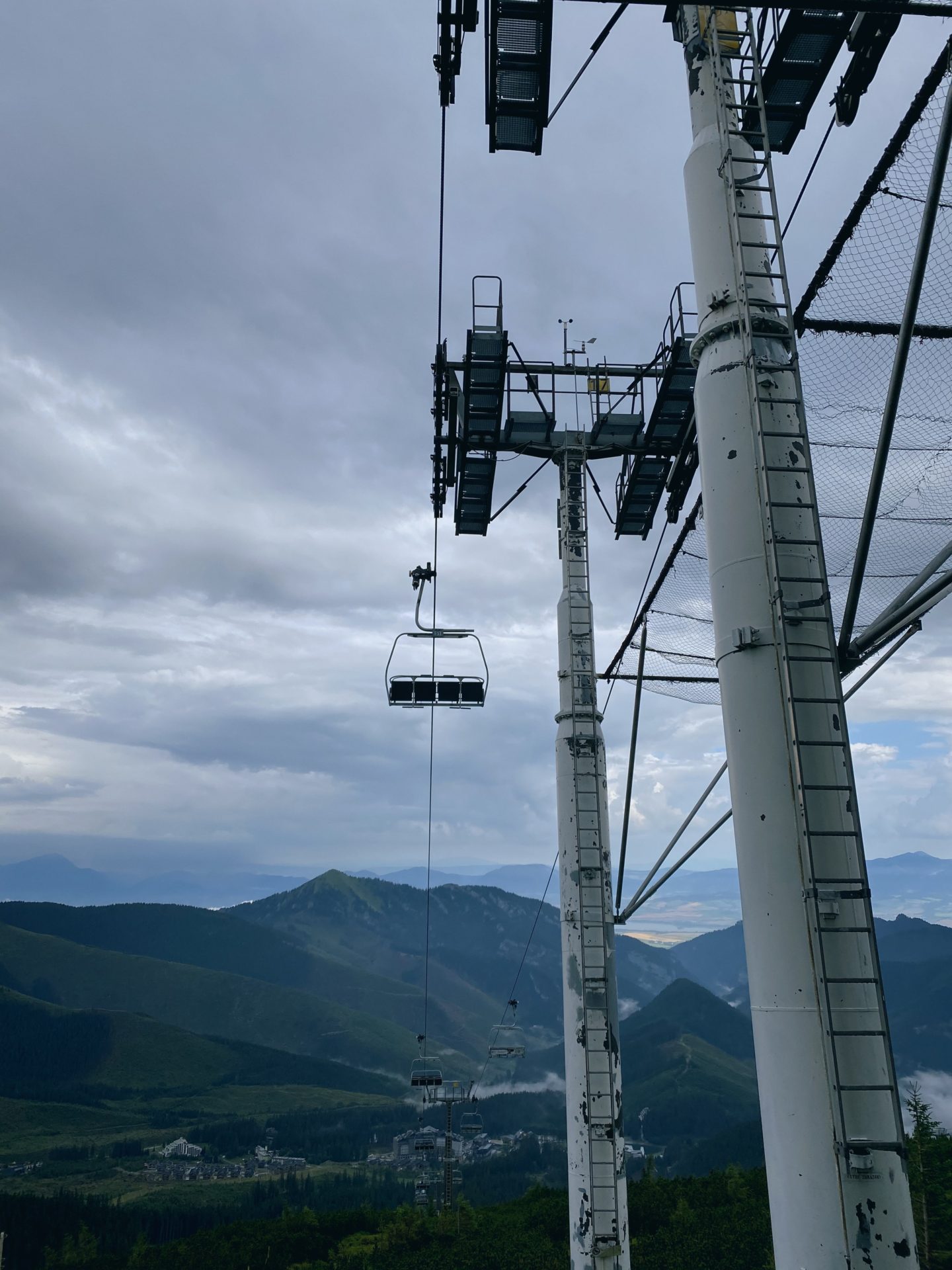 Chairlift towers and cables overlooking the Low Tatras mountain range