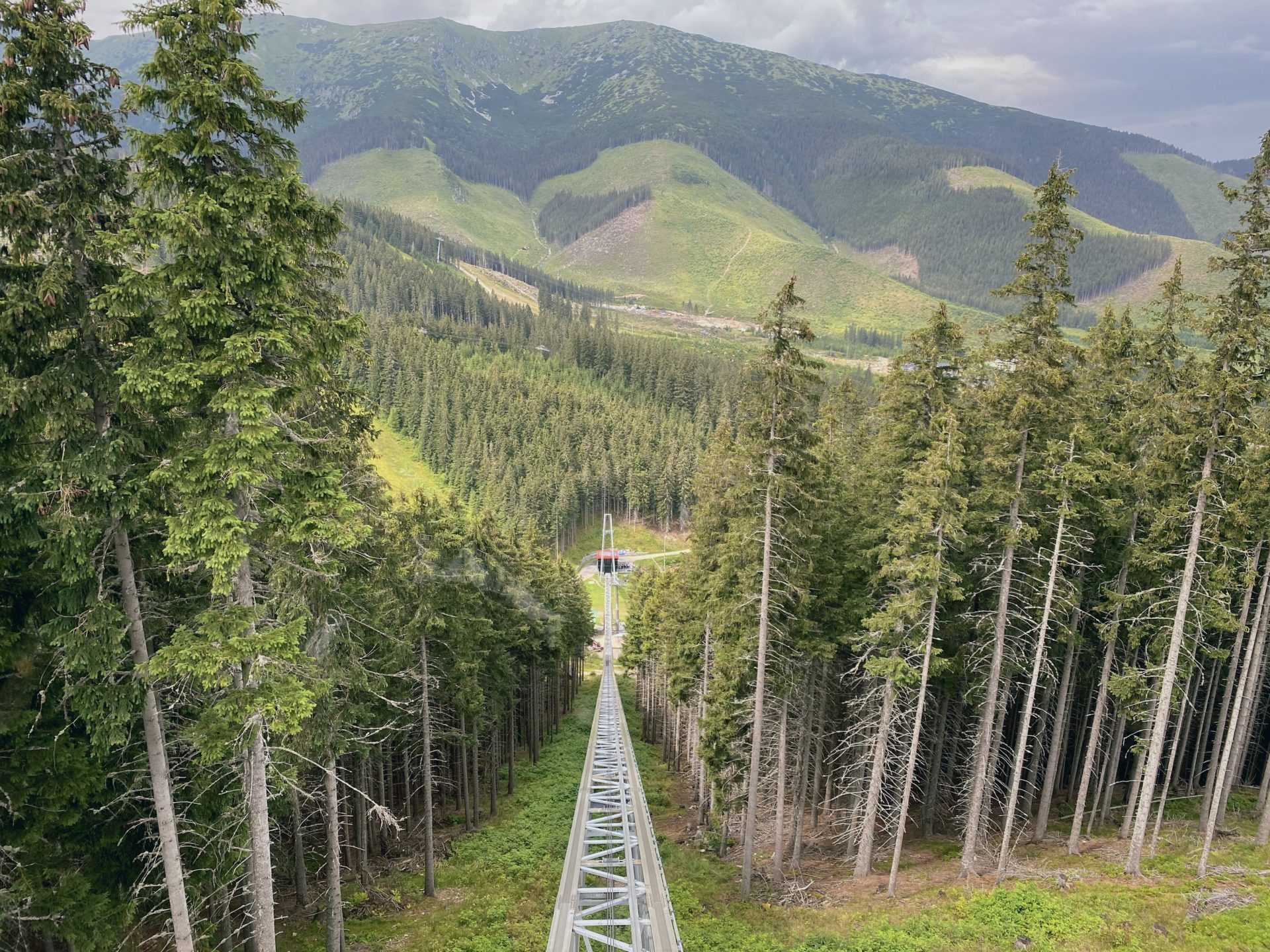 A cable car support structure looking down the line in the Low Tatras