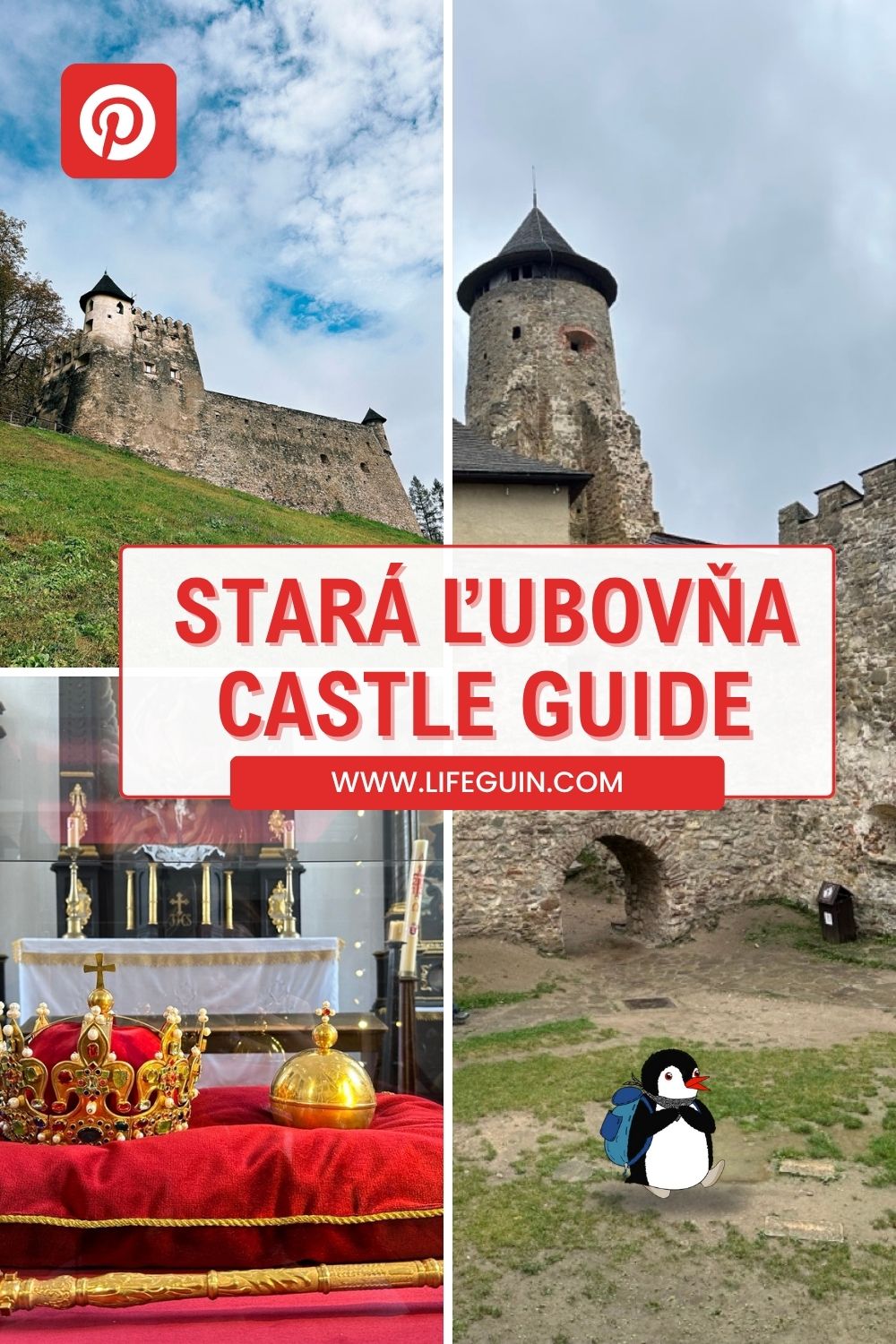 Collage of Stará Ľubovňa Castle featuring stone walls, a crown, and a cartoon penguin