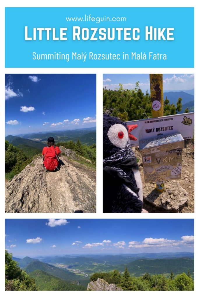 Hiker and plush toy at the summit of Little Rozsutec in the Malá Fatra mountains
