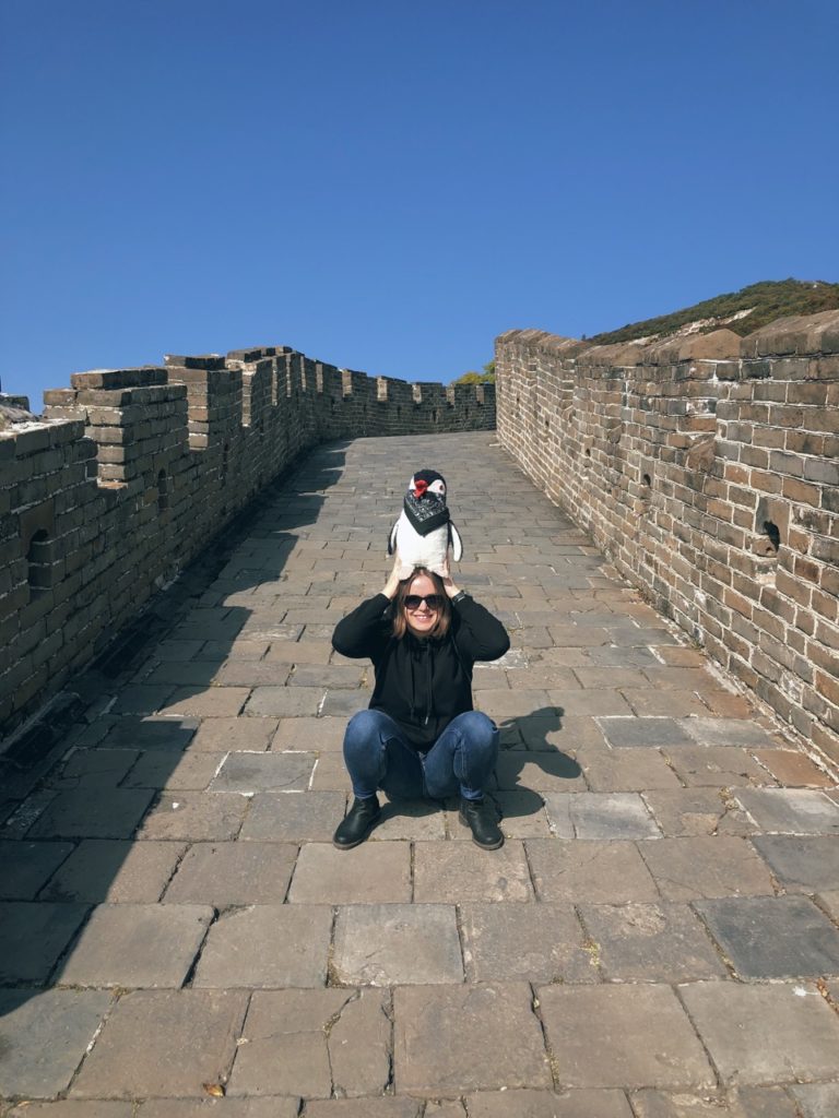 Woman crouching on the Great Wall of China holding a penguin plushie on her head