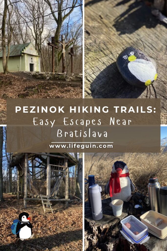Collage promoting Pezinok hiking trails featuring a forest chapel, wooden shelter, and plush penguin Miško