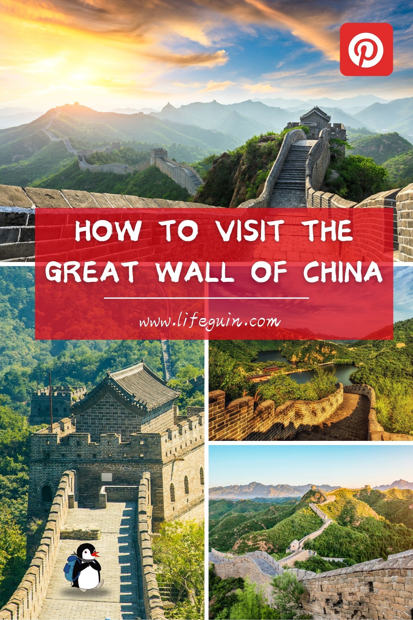 A collage of the Great Wall of China featuring the cartoon penguin mascot Miško