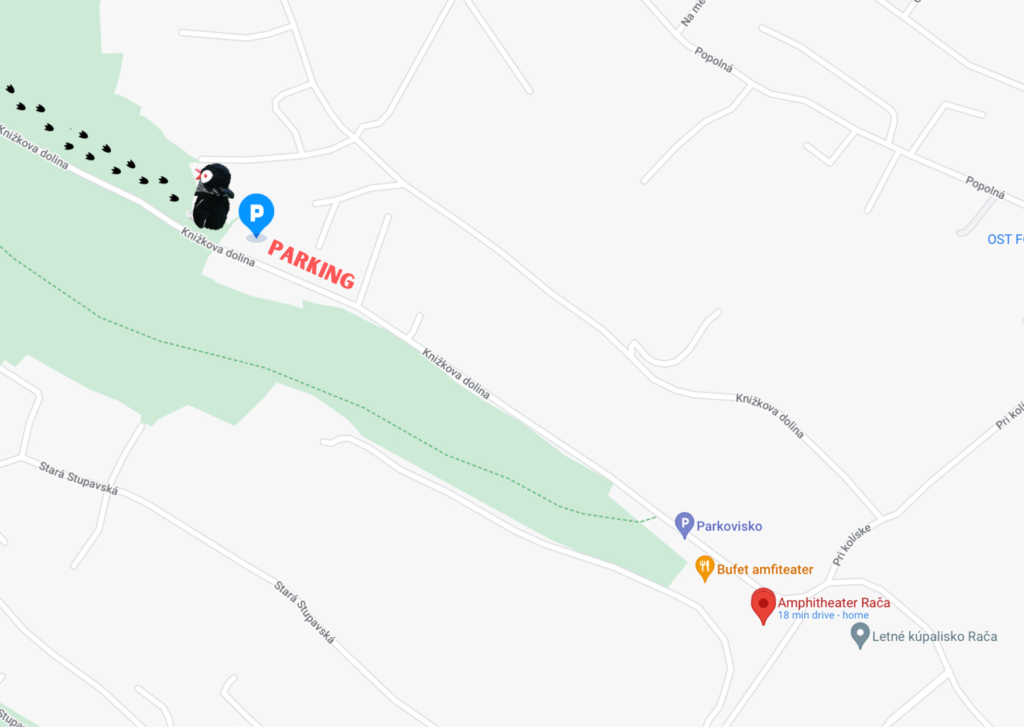 Map showing parking and trail access near Amphitheater Rača