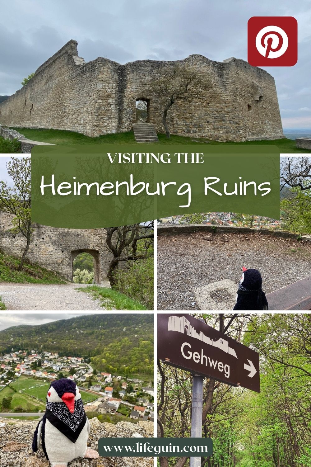 Collage of the Heimenburg Ruins featuring stone walls, scenic views, and a penguin toy