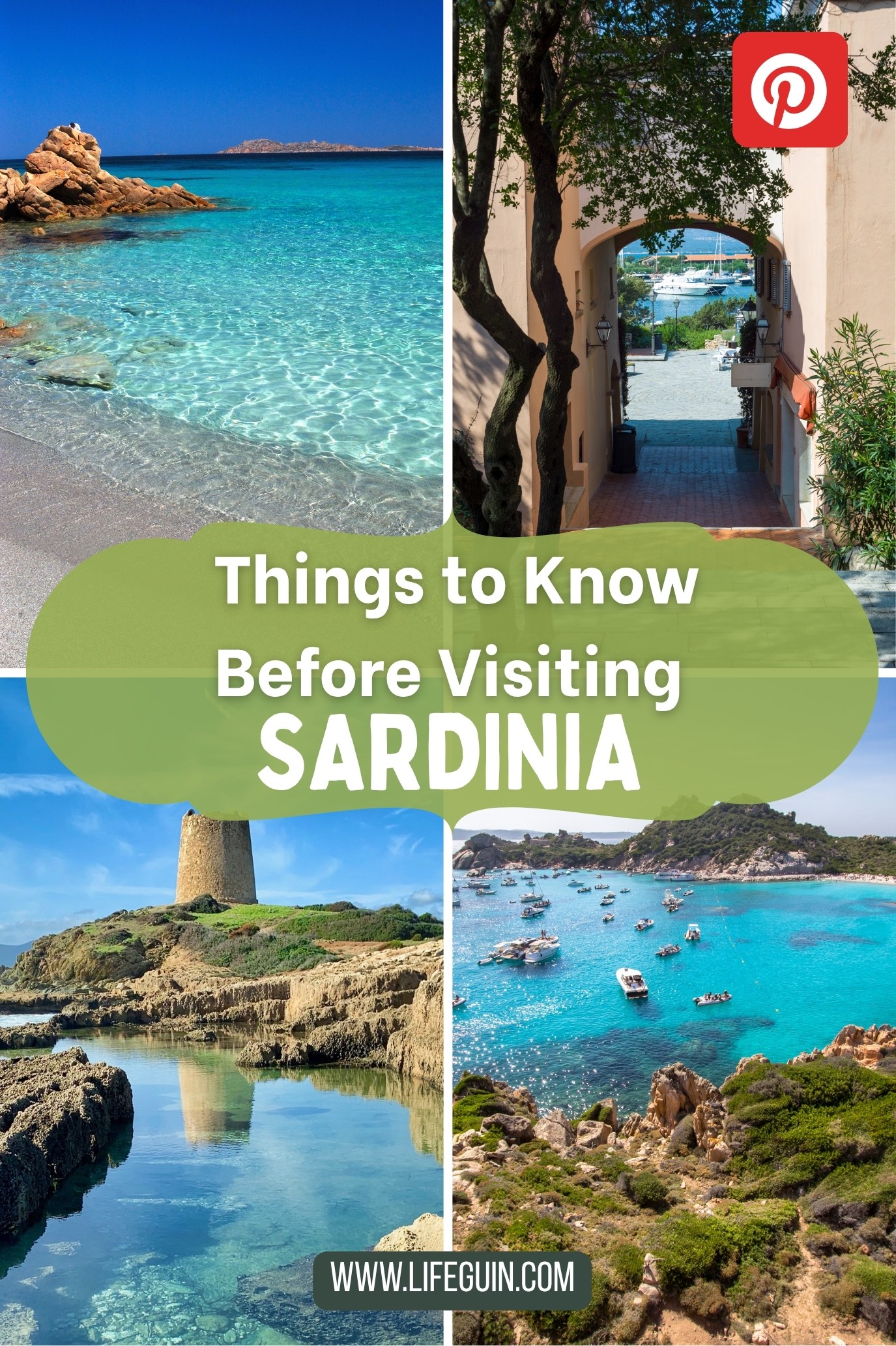 Collage of turquoise Sardinian beaches, a stone tower, and a coastal town archway