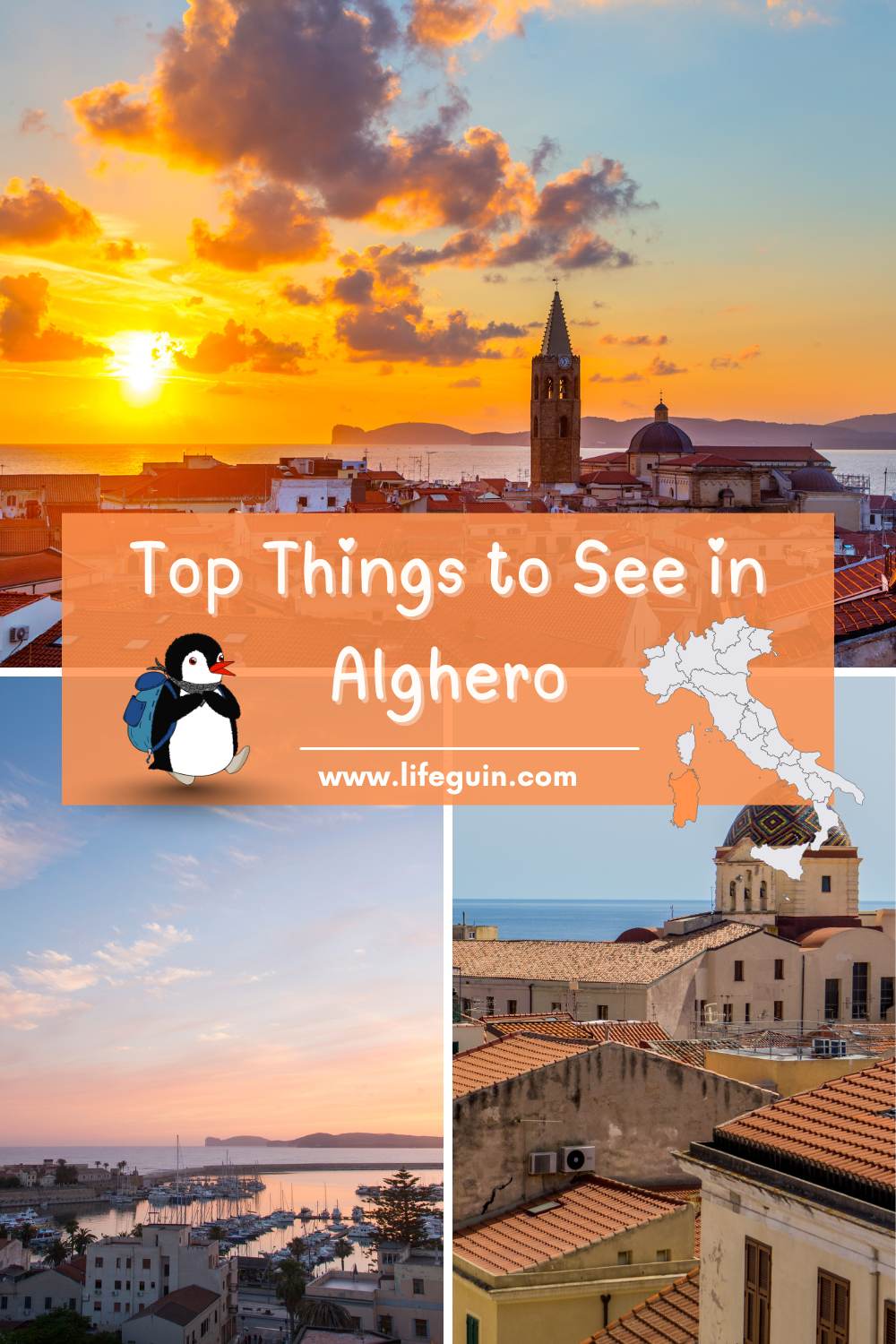 Travel collage promoting Alghero with sunset views, cartoon penguin Miško, and a map of Italy