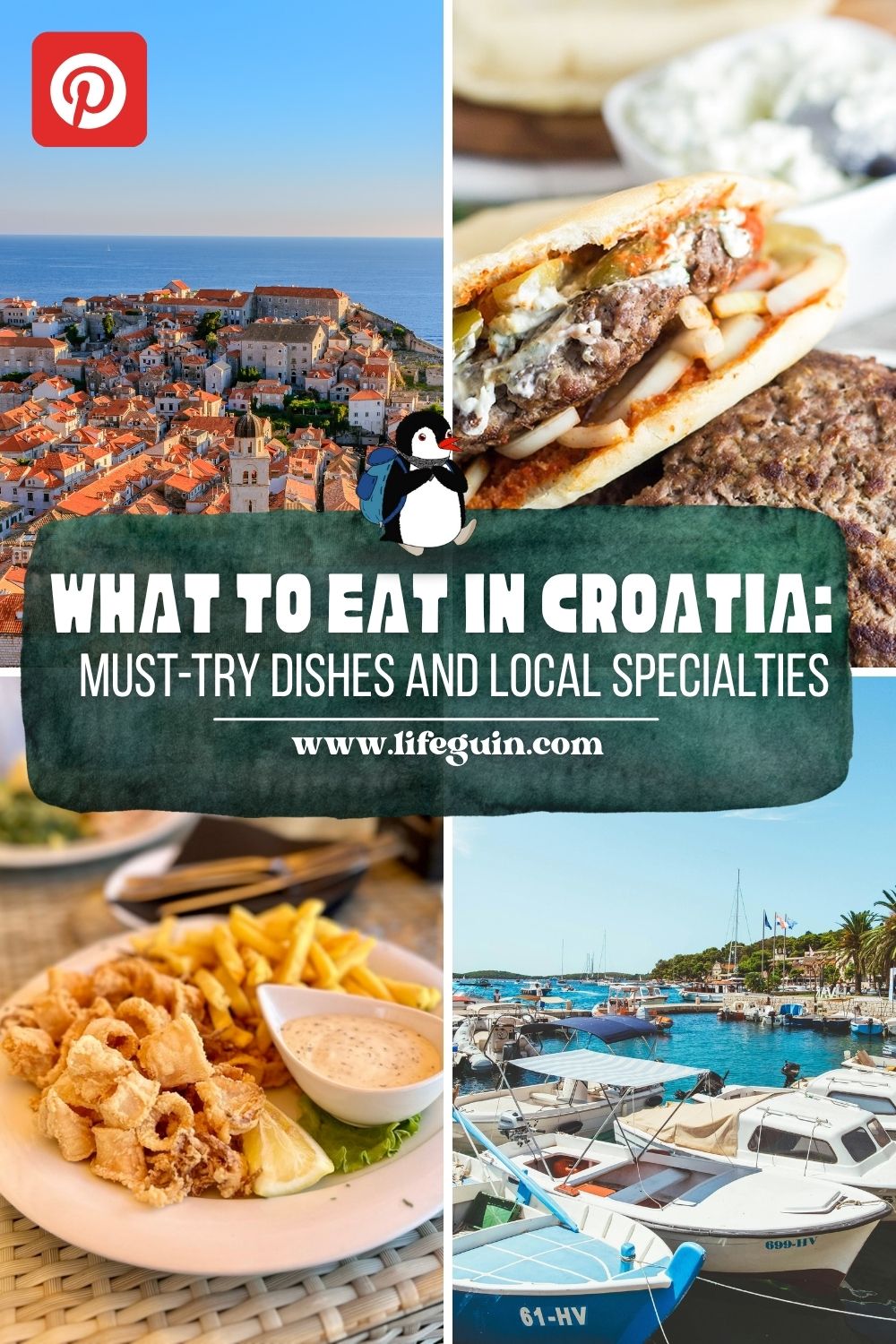 Pinterest graphic featuring Croatian food, coastal views, and Miško the penguin mascot