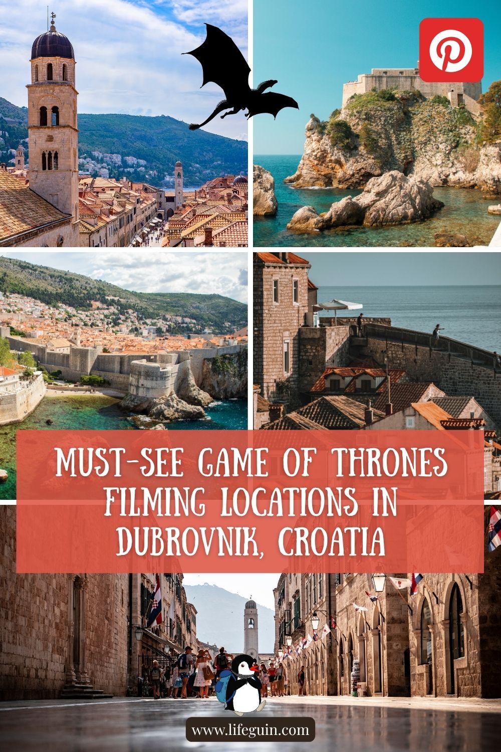 Dubrovnik collage with a dragon silhouette, Miško the penguin, and Game of Thrones travel text