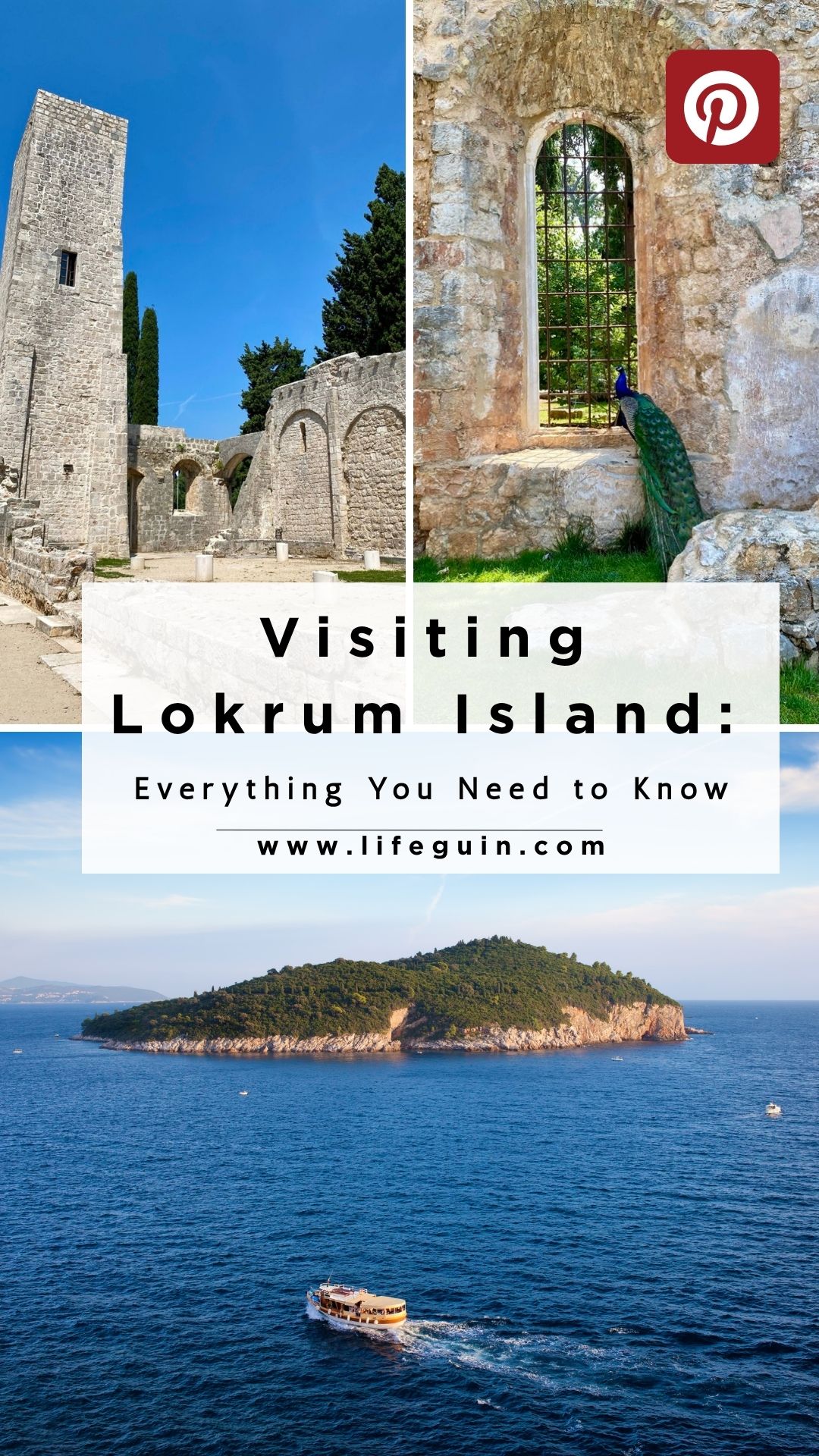 Stone ruins and a peacock on Lokrum Island with a boat approaching the shore
