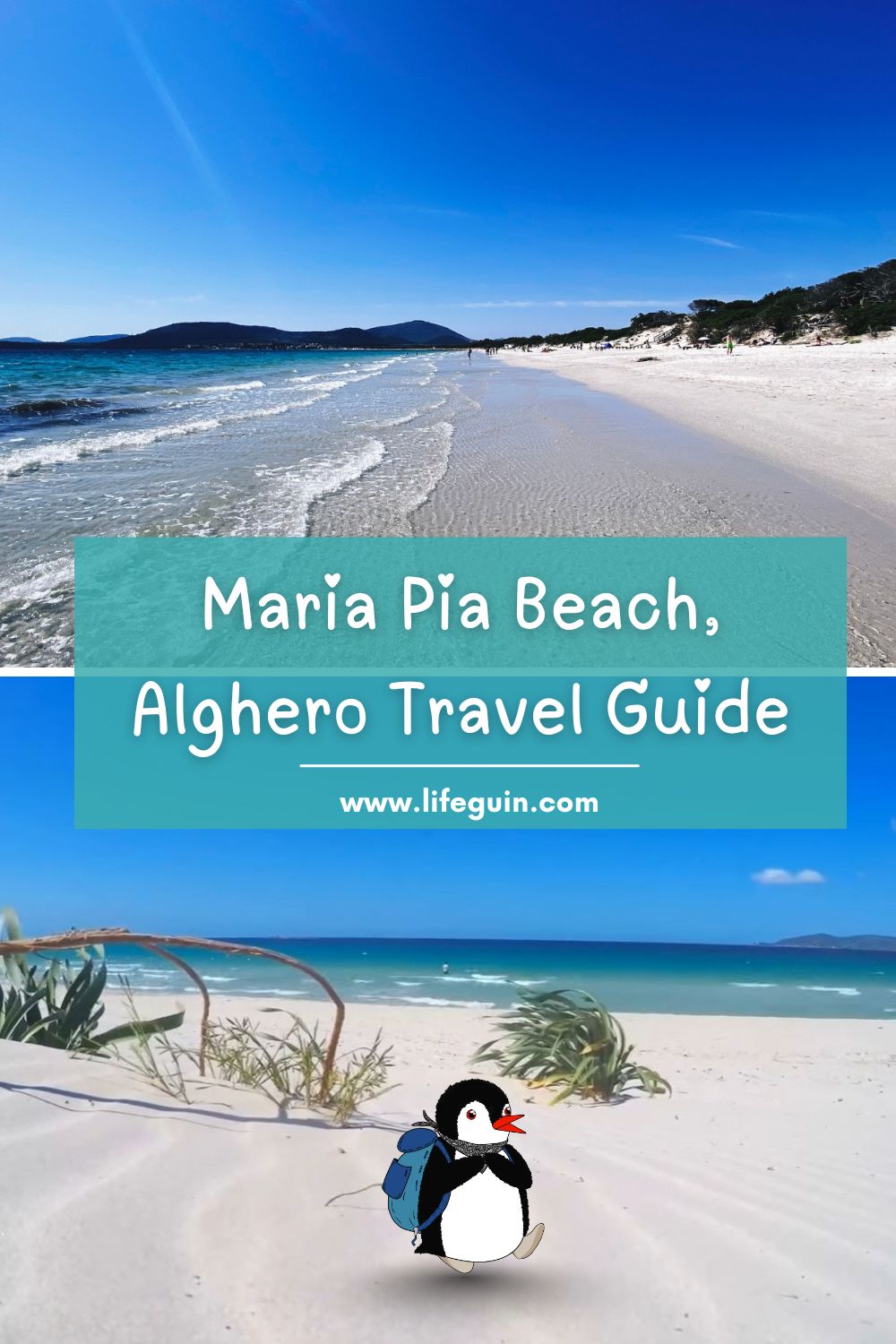 White sand and turquoise water at Maria Pia Beach in Alghero with a cartoon penguin