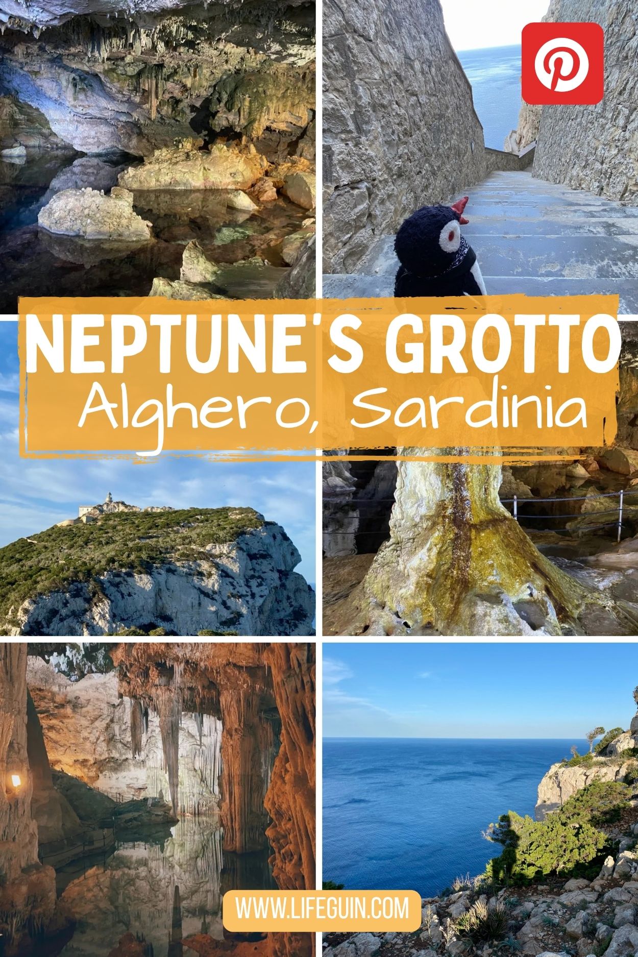 Neptune’s Grotto collage featuring Miško the penguin plush toy and text promoting Alghero, Sardinia