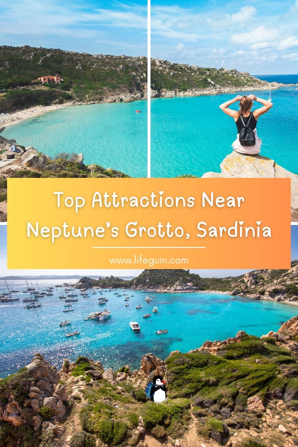 A woman overlooks a turquoise bay filled with boats near Neptune’s Grotto in Sardinia