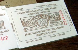 Paper entrance tickets for the Old Pharmacy in Dubrovnik, Croatia