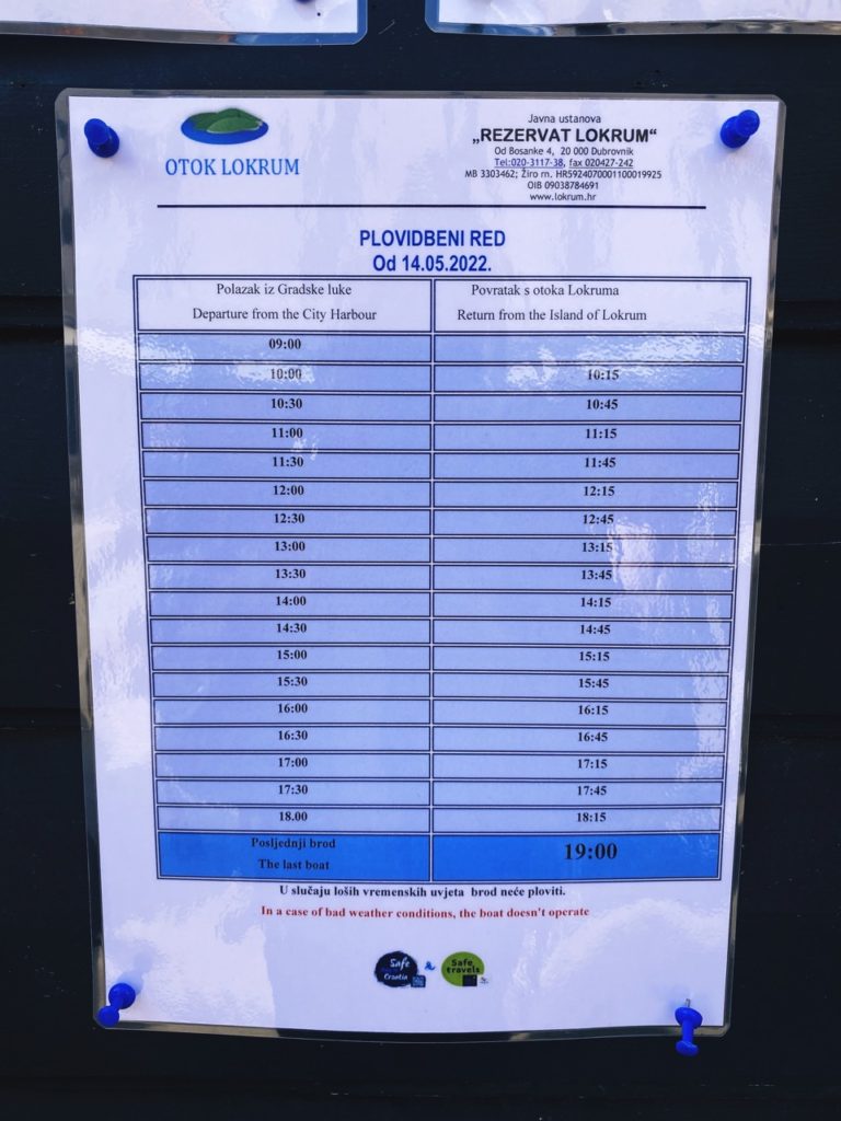 Timetable Lokrum Island